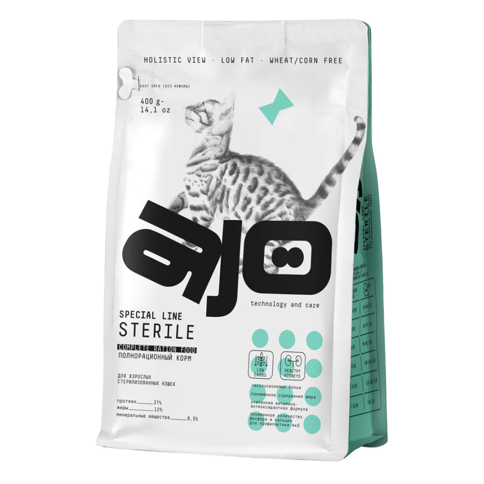 AJO Cat Sterile сухой корм для активных стерилизованных кошек с высоким содержанием белка, с индейкой и уткой - 400 г