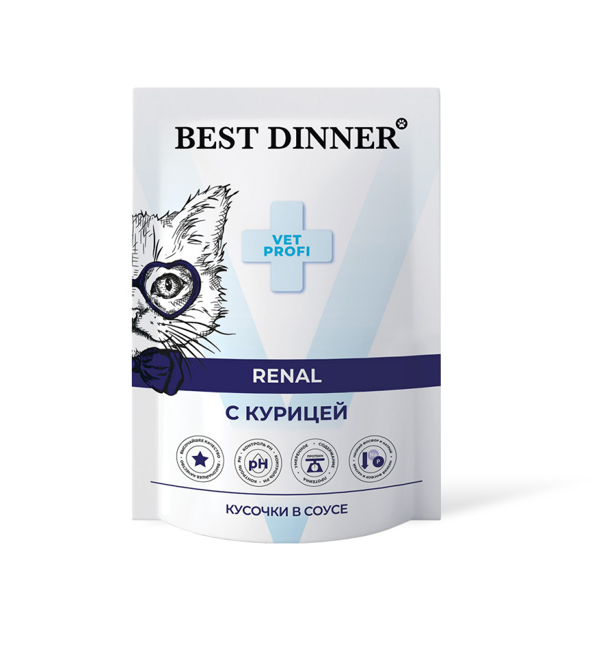 Best Dinner Exclusive Vet Profi Renal диетические паучи для взрослых кошек для профилактики заболеваний почек, с курицей, кусочки в соусе - 85 г