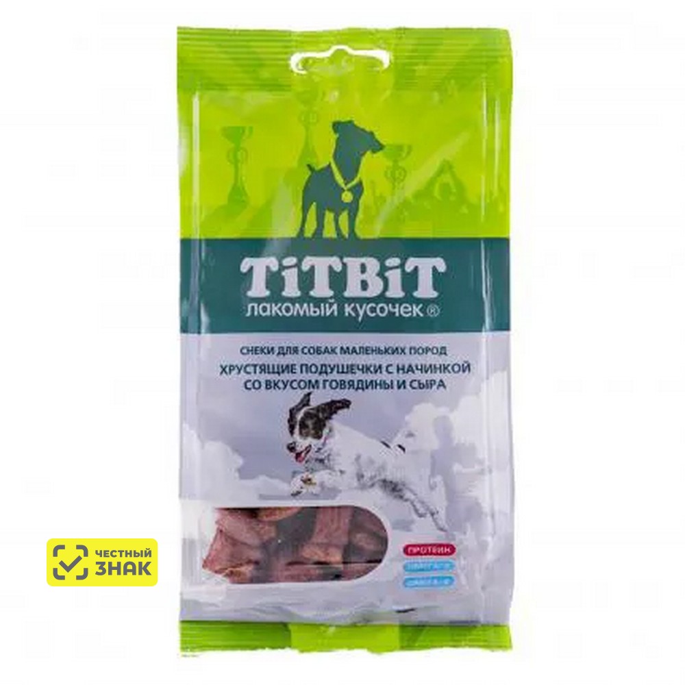 Лакомство для собак мелких пород TiTBiT Хрустящие подушечки с начинкой со вкусом говядины и сыра, 95 г