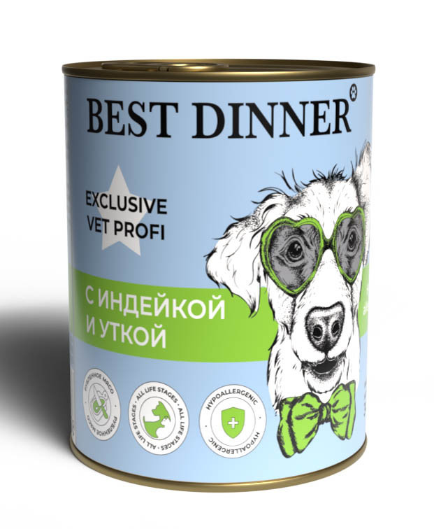 Влажный корм (консервы) BEST DINNER VET PROFI HYPOALLERGENIC для собак и щенков при пищевой аллергии с индейкой и уткой (340 гр) 3