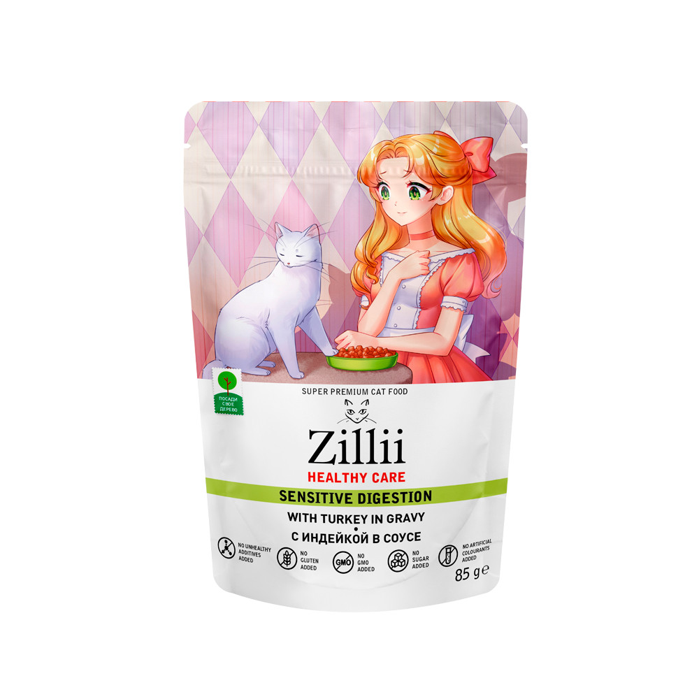 Влажный корм для взрослых кошек с чувствительным пищеварением Zillii Sensitive Digestion с индейкой в соусе 85 г 2