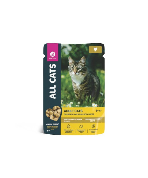 Влажный корм (консервы) ALL CATS для взрослых кошек тефтельки с курицей в соусе пауч 85 г