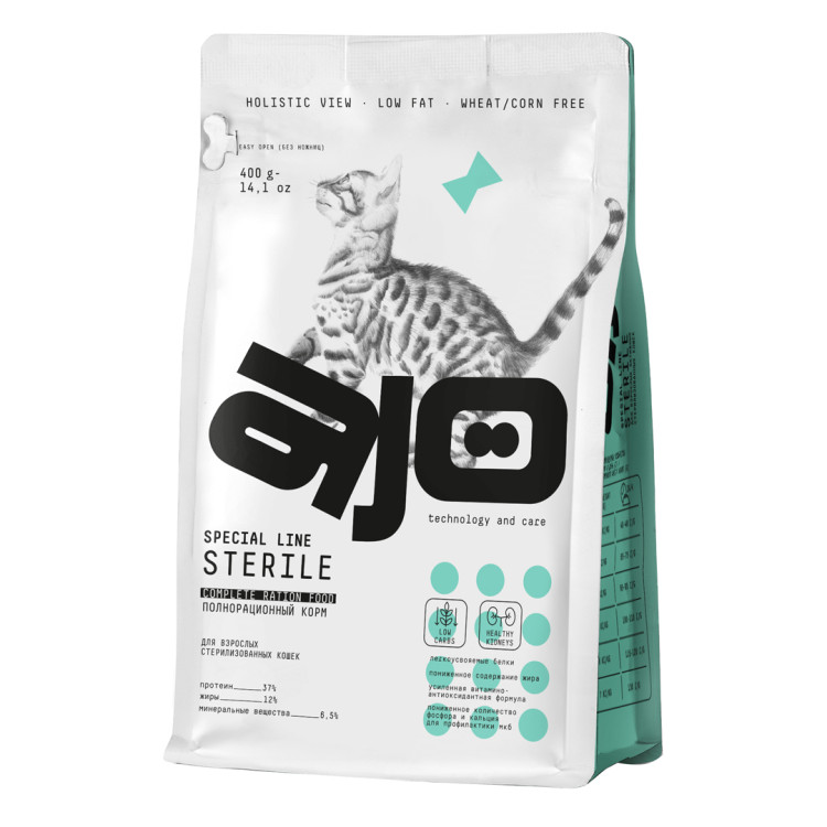 AJO Cat Sterile сухой корм для активных стерилизованных кошек с высоким содержанием белка, с индейкой и уткой - 400 г 7