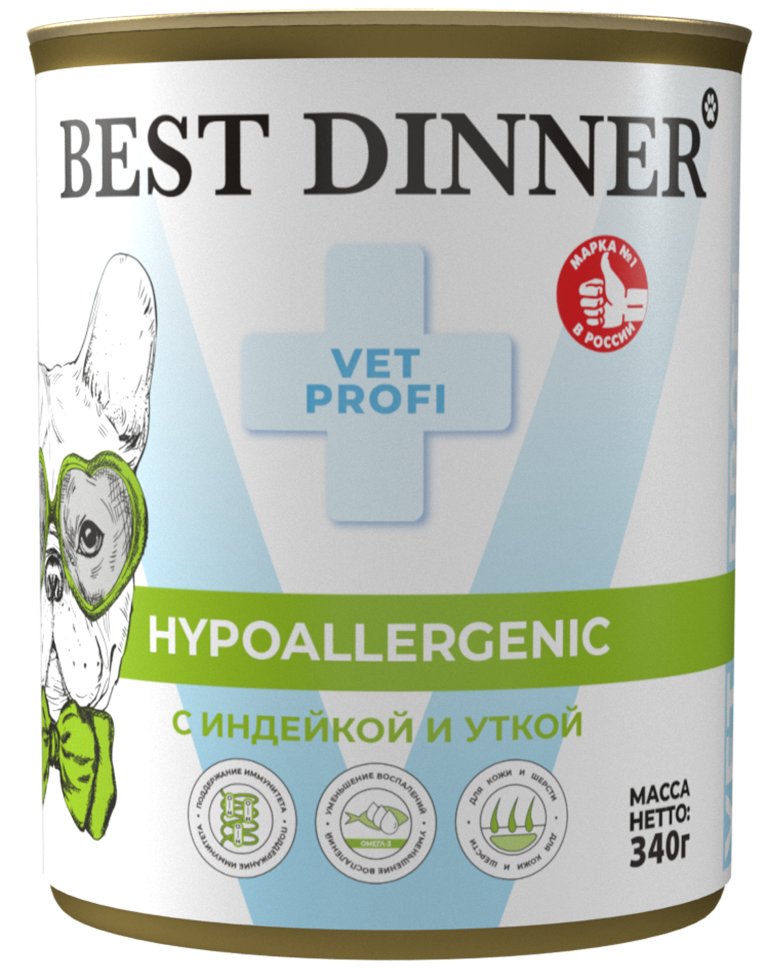 Влажный корм (консервы) BEST DINNER VET PROFI HYPOALLERGENIC для собак и щенков при пищевой аллергии с индейкой и уткой (340 гр) 1