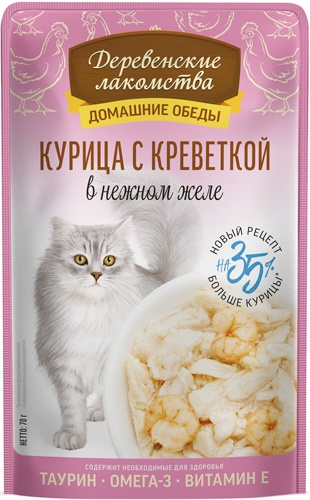 Корм влажный для кошек ДЕРЕВЕНСКИЕ ЛАКОМСТВА с курицей и креветками в нежном желе (70 г)