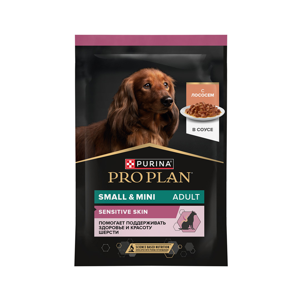 PRO PLAN Влажный корм (пауч) для взрослых собак мелких и карликовых пород с чувствительной кожей, с лососем в соусе, 85 г 2