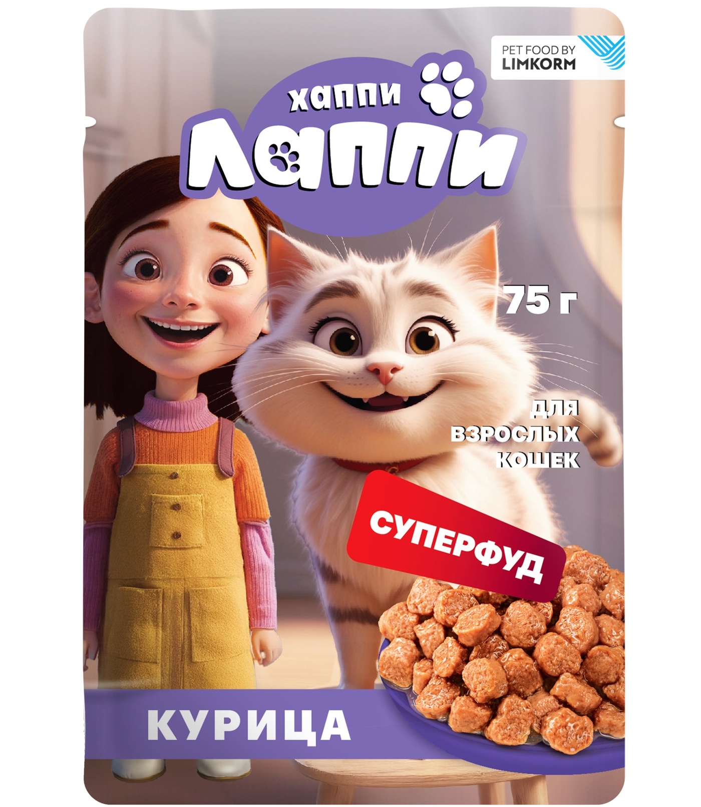 Корм влажный для взрослых кошек ХАППИ ЛАППИ кусочки с курицей