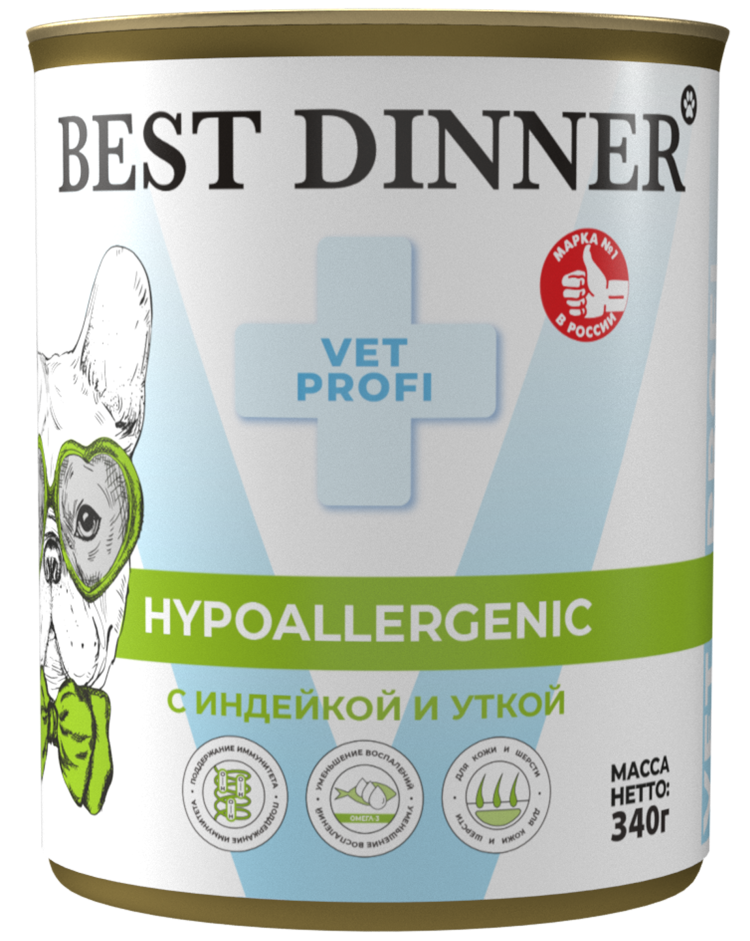 Влажный корм (консервы) BEST DINNER VET PROFI HYPOALLERGENIC для собак и щенков при пищевой аллергии с индейкой и уткой (340 гр) 4