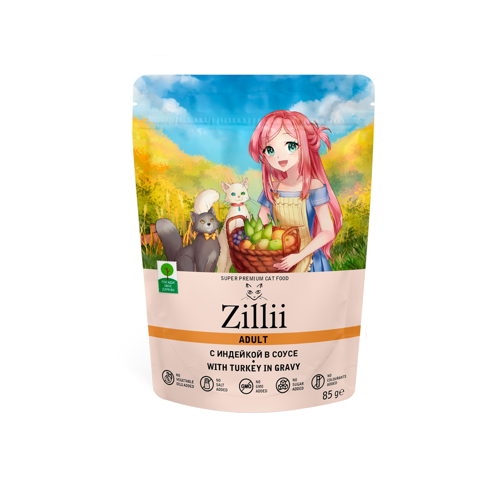 Влажный корм (консервы) ZILLII ADULT CAT TURKEY для взрослых кошек с индейкой в соусе пауч