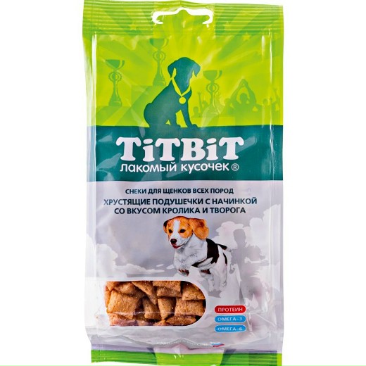 Лакомство TIT BIT для щенков хрустящие подушечки с начинкой со вкусом кролика и творога