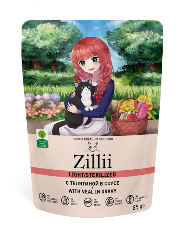 Влажный корм (консервы) ZILLII LIGHT STERILIZED CAT VEAL для взрослых кастрированных котов и стерилизованных кошек с телятиной в соусе пауч (85 гр)