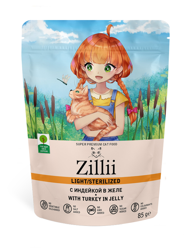 Влажный корм (консервы) ZILLII LIGHT STERILIZED CAT TURKEY для взрослых кастрированных котов и стерилизованных кошек с индейкой в желе пауч (85 гр)
