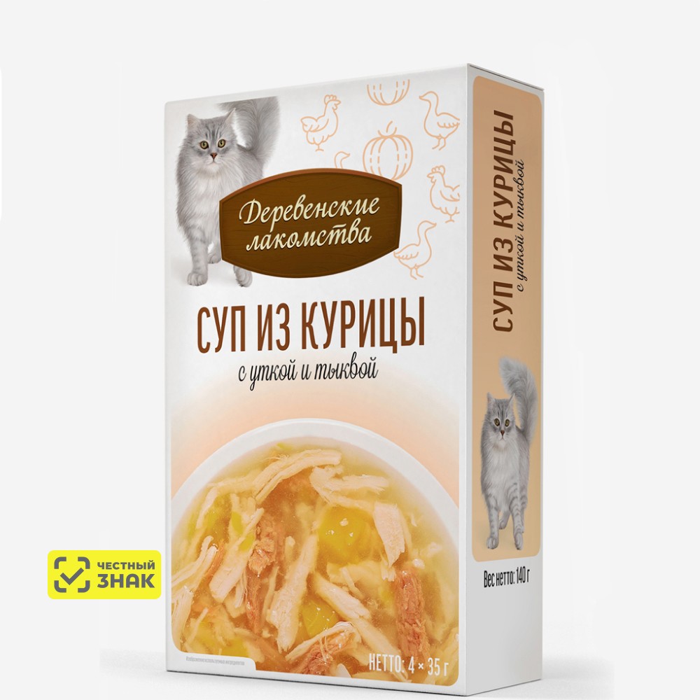 Деревенские лакомства Влажный корм (пауч) для кошек, суп из курицы с уткой и тыквой, 4х35 гр. 1