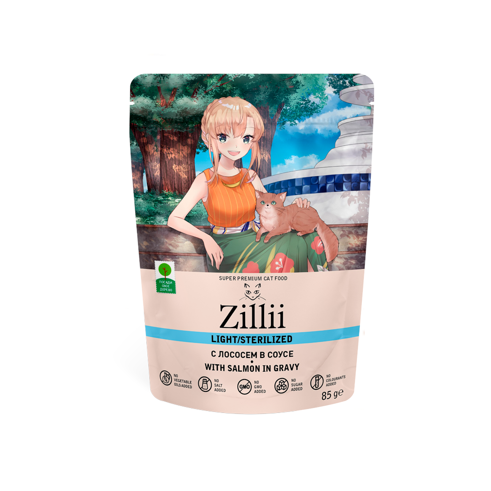Влажный корм (консервы) ZILLII LIGHT STERILIZED CAT SALMON для взрослых кастрированных котов и стерилизованных кошек с лососем в соусе пауч (85 гр)