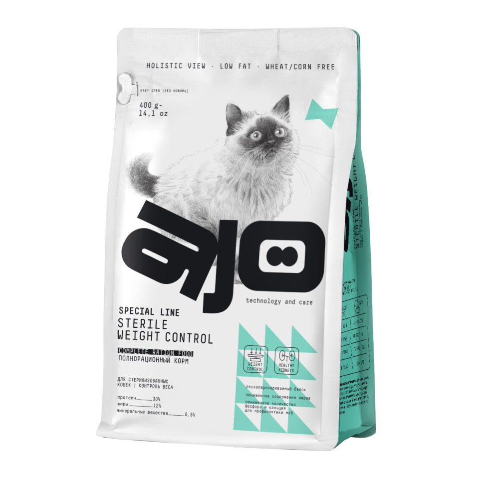 AJO Cat Sterile Weight Control сухой корм для стерилизованных кошек, для контроля веса, с курицей, 400 г 1
