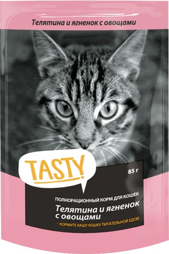 Корм влажный для кошек TASTY с телятиной, ягненком и овощами в желе