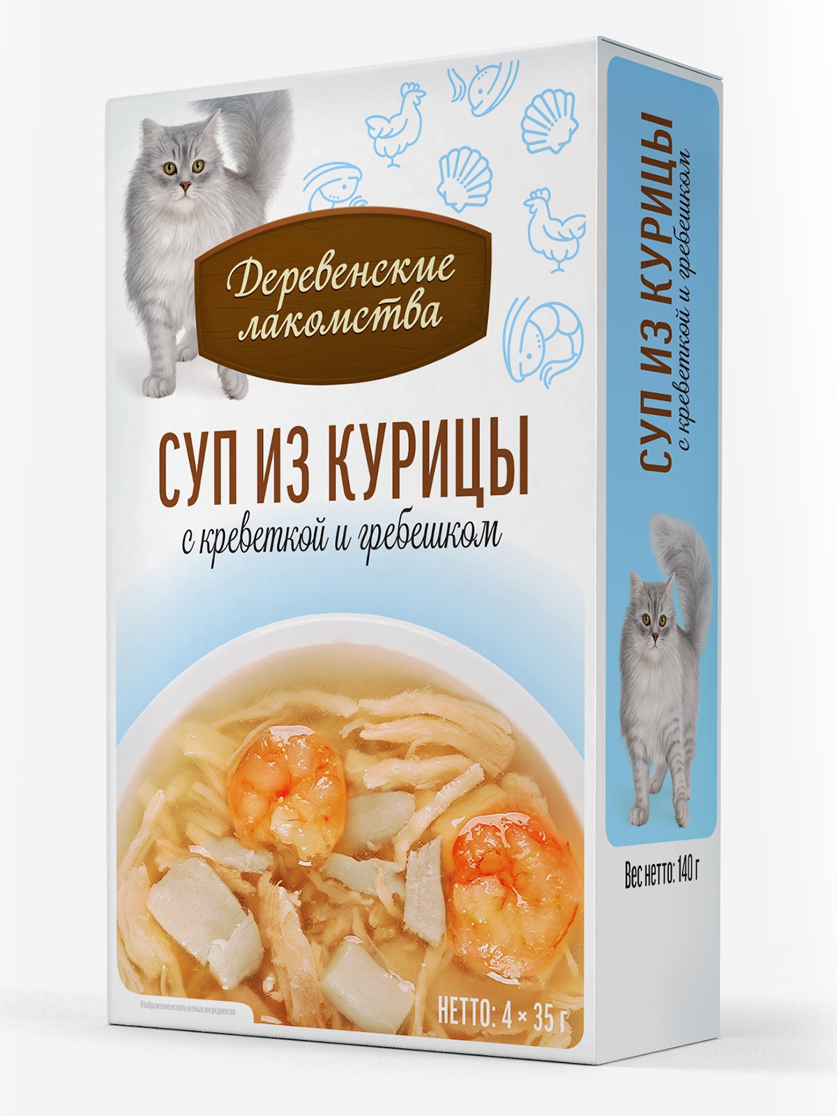 Лакомство для кошек ДЕРЕВЕНСКИЕ ЛАКОМСТВА Суп из курицы с креветкой и гребешком (4 шт/35 г) 5