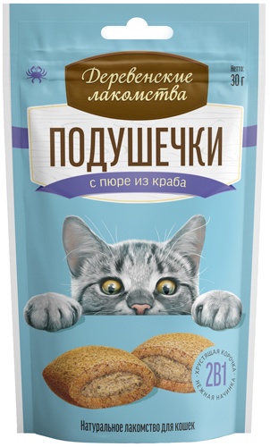 Лакомство для кошек Деревенские Лакомства, подушечки с пюре из краба, 30 г