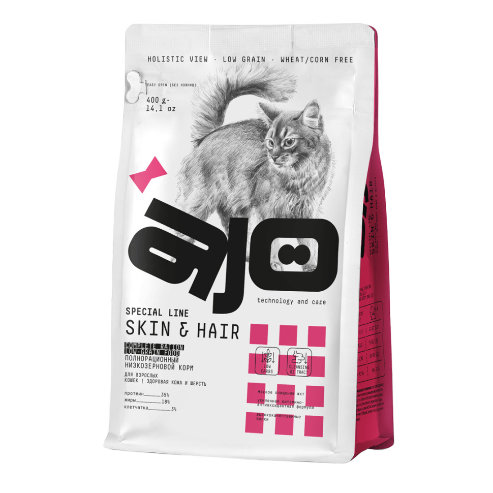 AJO Cat Skin&Hair сухой корм для длинношерстных кошек, для кожи и шерсти, с лососем и индейкой