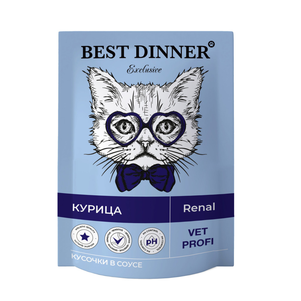 Best Dinner Exclusive Vet Profi Renal диетические паучи для взрослых кошек для профилактики заболеваний почек, с курицей, кусочки в соусе - 85 г 3