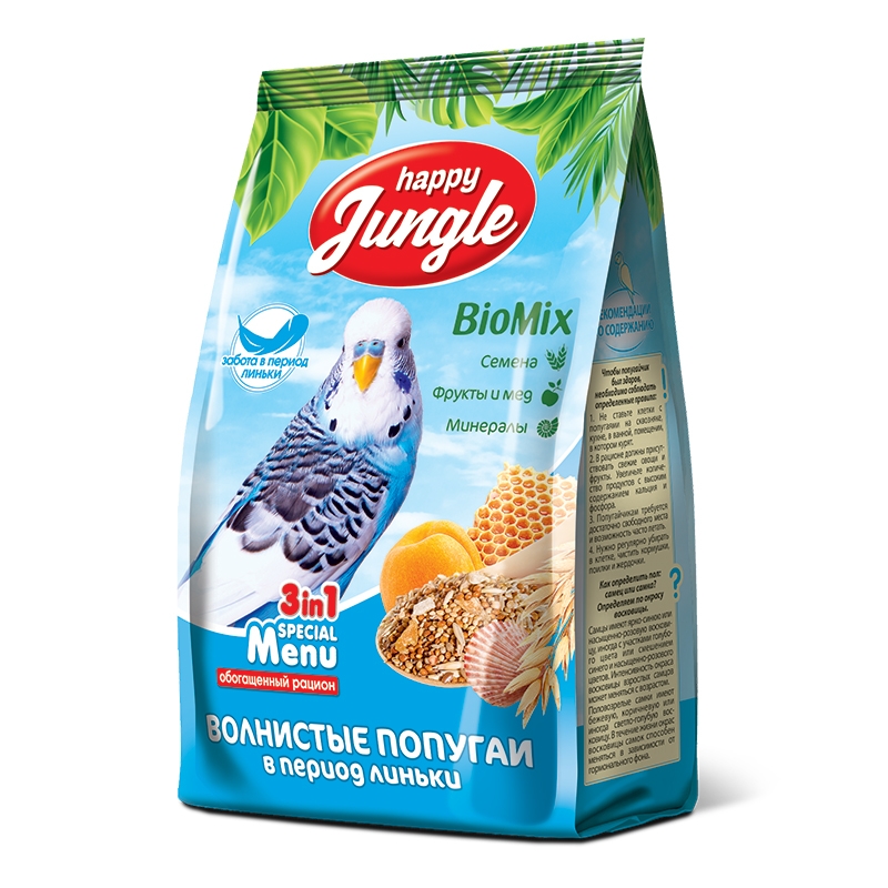 Корм для волнистых попугаев HAPPY JUNGLE в период линьки, 500 г 2