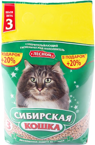 Наполнитель впитывающий древесный для кошек СИБИРСКАЯ КОШКА Лесной 3 л