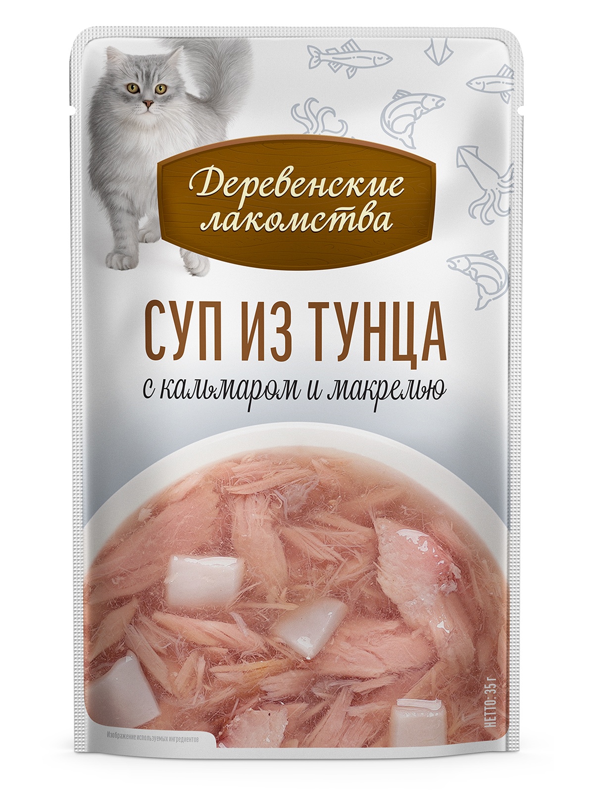 Лакомство для кошек Деревенские Лакомства Суп из тунца с кальмаром и макрелью 4х35 г 1