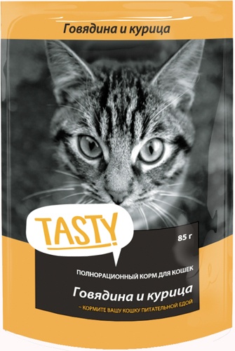 Корм влажный для кошек TASTY с говядиной и курицей в желе 1