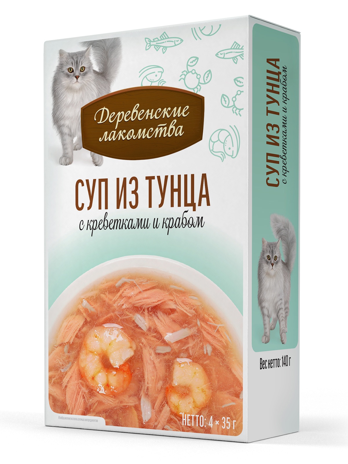Деревенские лакомства Влажный корм (пауч) для кошек, суп из тунца с креветками и крабом, 4х35 гр. 8