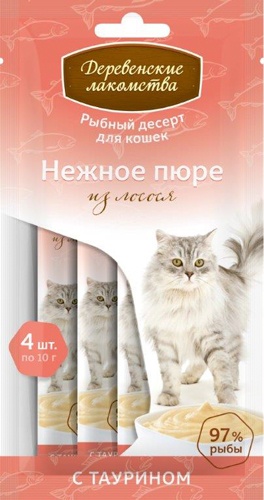 Лакомства ДЕРЕВЕНСКИЕ РЫБНЫЙ ДЕСЕРТ для кошек нежное пюре из лосося с таурином (4 шт)